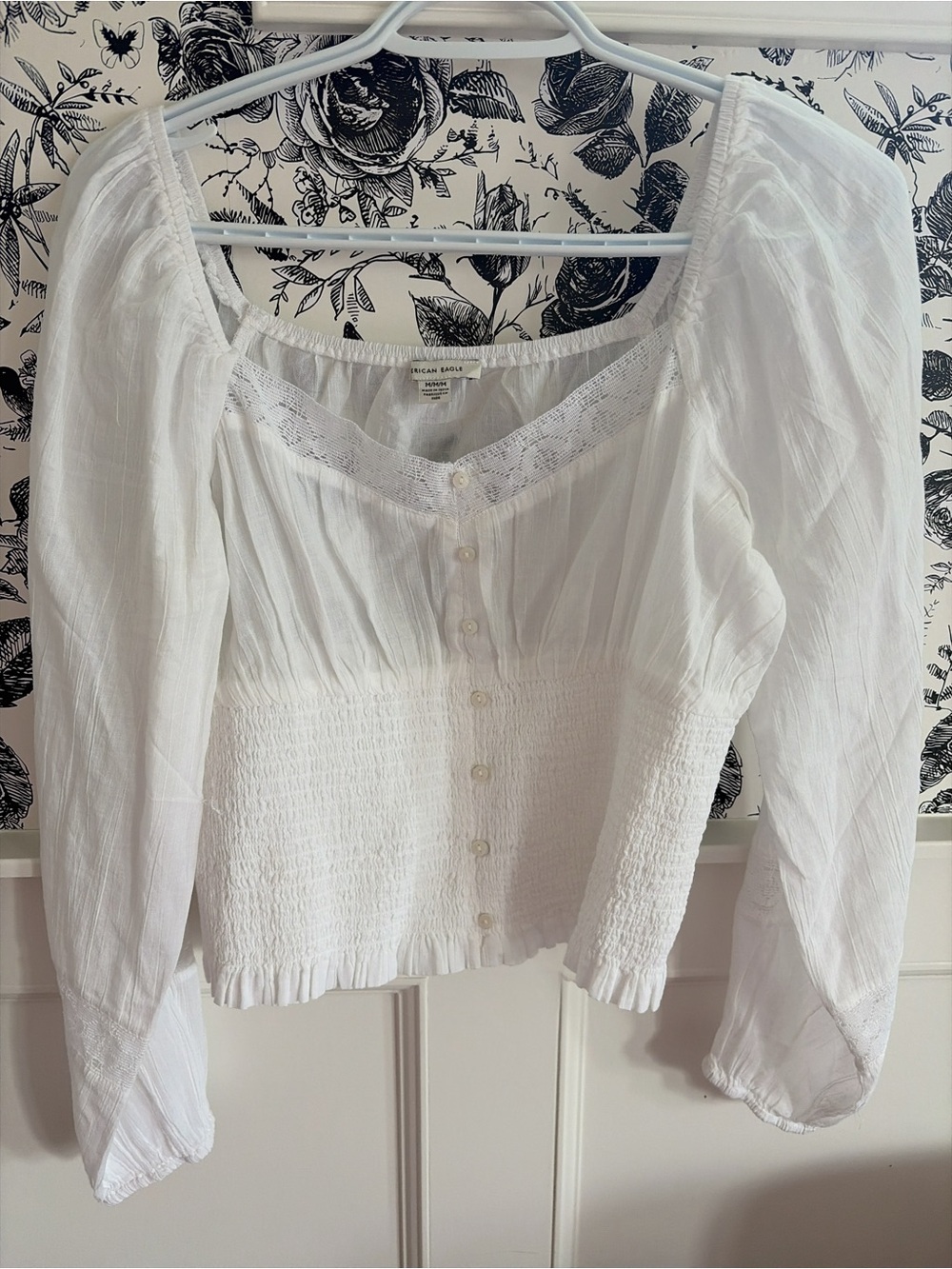 American Eagle Outfitters White Lace-Trim Smocked Peasant Top